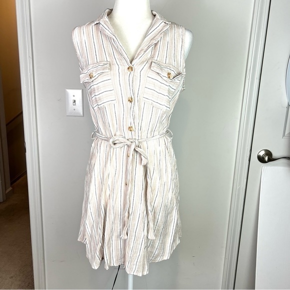 Mine Dress womens M Collared Sleeveless Belted Front Button down cream stripe - Picture 2 of 8